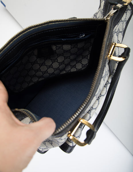 Gucci Vintage 1970s Blue Monogram Large Top Handle Tote Bag