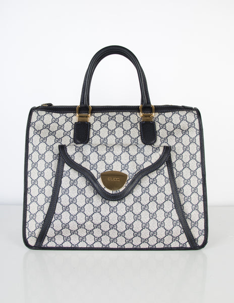 Gucci Vintage 1970s Blue Monogram Large Top Handle Tote Bag