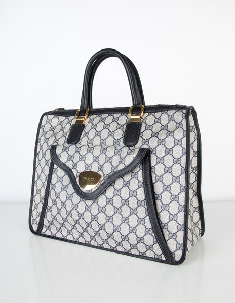 Gucci Vintage 1970s Blue Monogram Large Top Handle Tote Bag