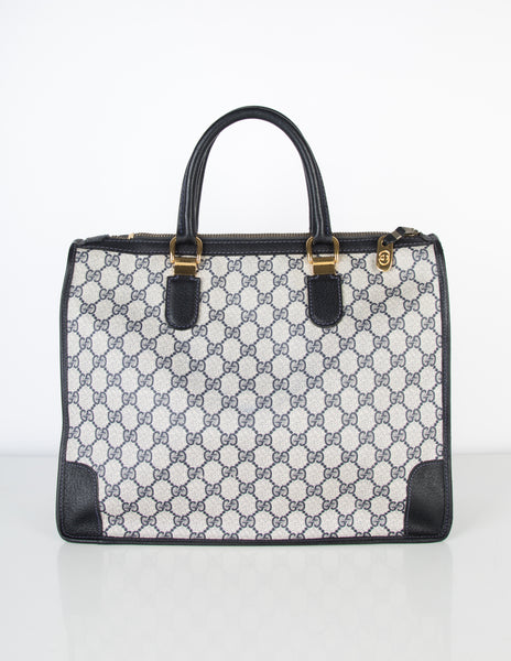 Gucci Vintage 1970s Blue Monogram Large Top Handle Tote Bag