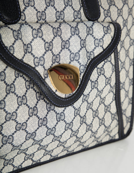 Gucci Vintage 1970s Blue Monogram Large Top Handle Tote Bag