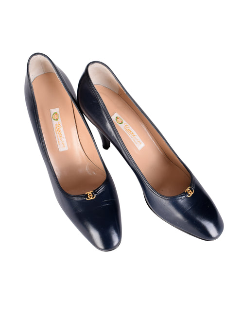 Gucci Vintage AW 1985 Navy Blue Leather Golden Logo Heels – Amarcord  Vintage Fashion