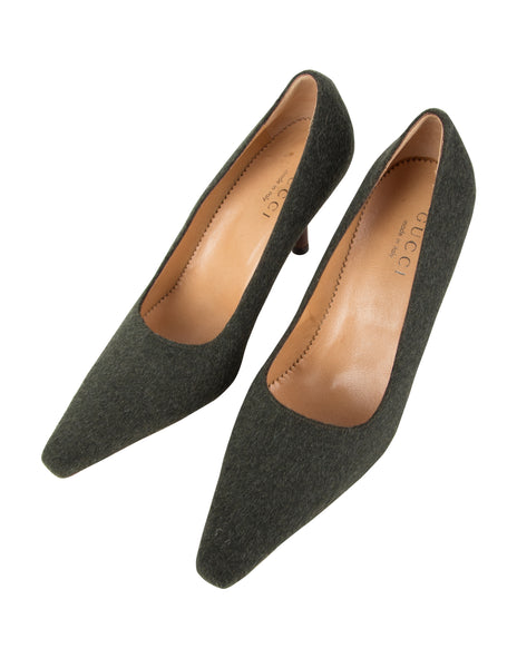 Gucci Vintage Charcoal Sage Wool Pumps