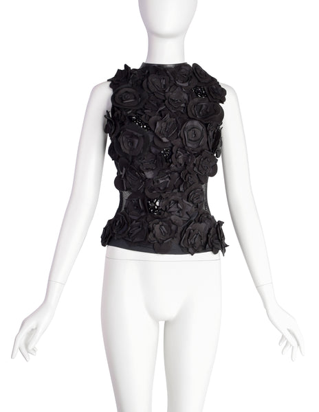 Gemma Kahng Vintage 1990s Black Flower Beaded Embellished Leather Fishnet Top