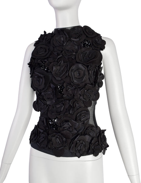 Gemma Kahng Vintage 1990s Black Flower Beaded Embellished Leather Fishnet Top