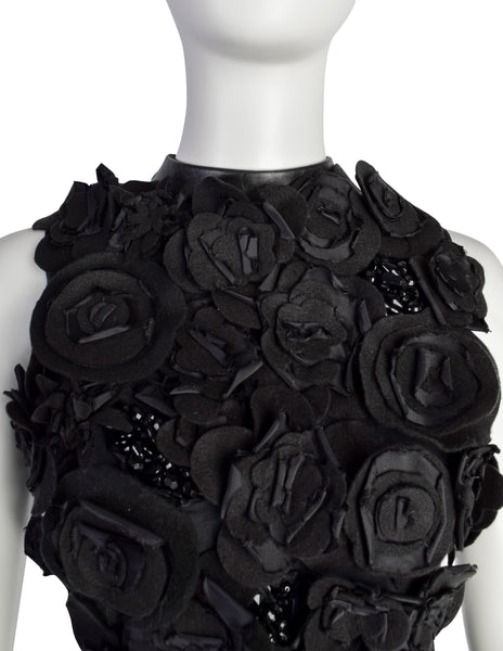 Gemma Kahng Vintage 1990s Black Flower Beaded Embellished Leather Fishnet Top