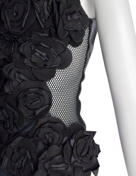 Gemma Kahng Vintage 1990s Black Flower Beaded Embellished Leather Fishnet Top