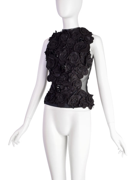 Gemma Kahng Vintage 1990s Black Flower Beaded Embellished Leather Fishnet Top