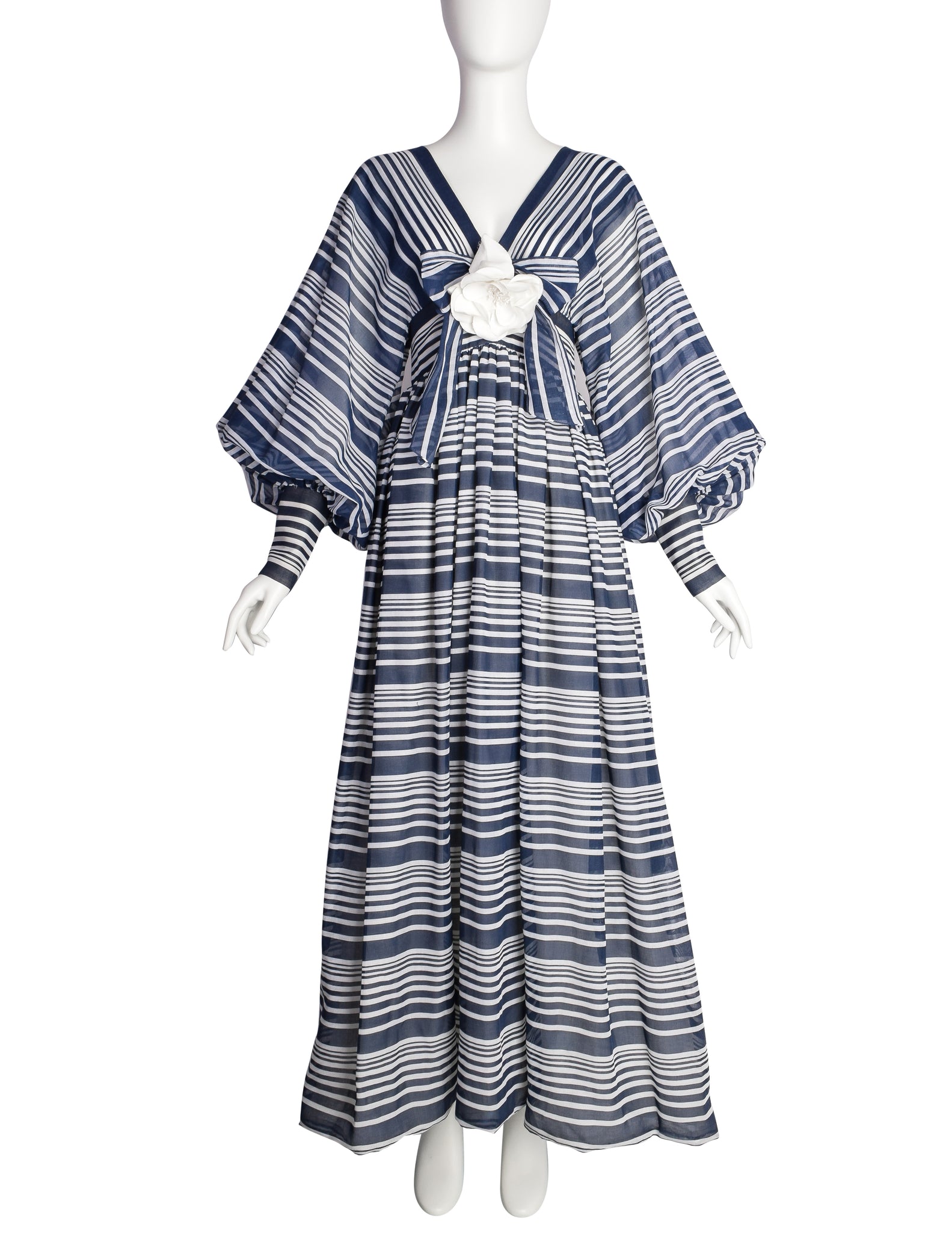 Geoffrey Beene Vintage Early 1970s Blue White Striped Flower Bishop Sleeve Gown