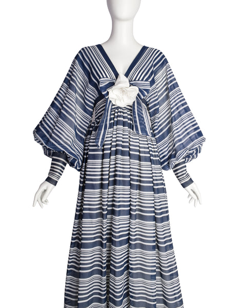 Geoffrey Beene Vintage Early 1970s Blue White Striped Flower Bishop Sleeve Gown