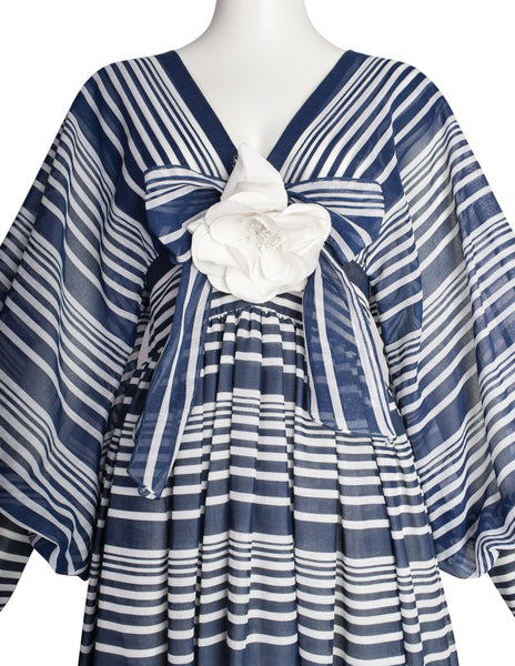 Geoffrey Beene Vintage Early 1970s Blue White Striped Flower Bishop Sleeve Gown