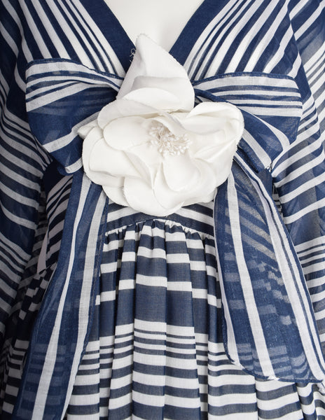 Geoffrey Beene Vintage Early 1970s Blue White Striped Flower Bishop Sleeve Gown