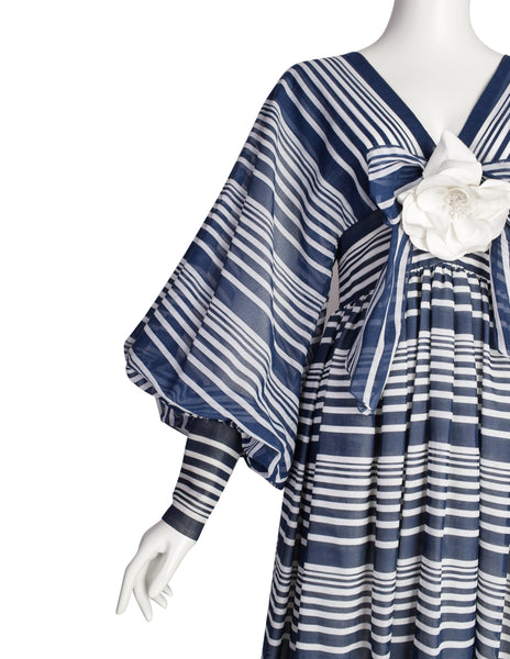 Geoffrey Beene Vintage Early 1970s Blue White Striped Flower Bishop Sleeve Gown