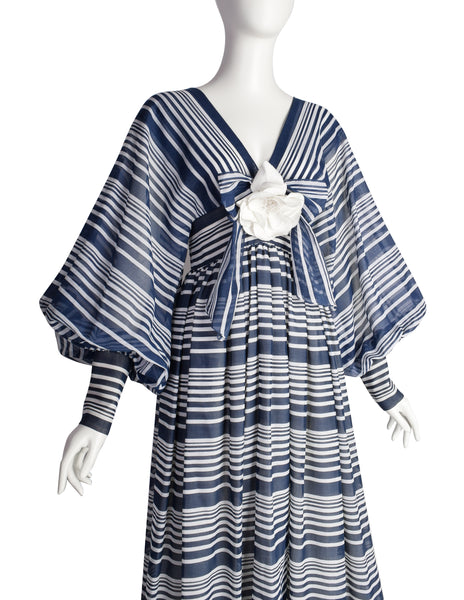 Geoffrey Beene Vintage Early 1970s Blue White Striped Flower Bishop Sleeve Gown