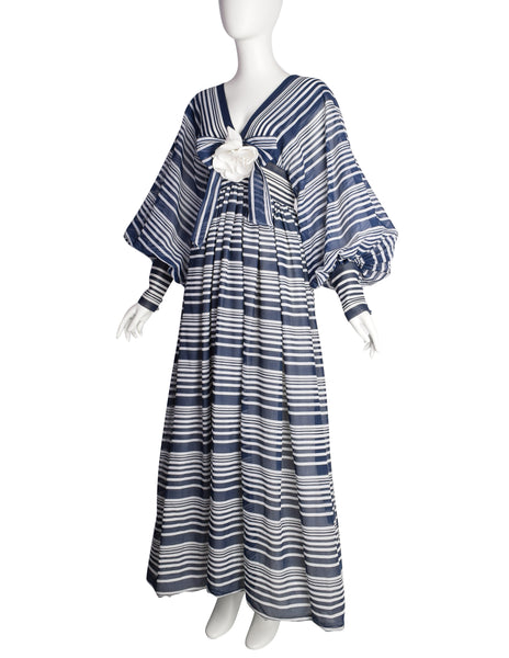 Geoffrey Beene Vintage Early 1970s Blue White Striped Flower Bishop Sleeve Gown