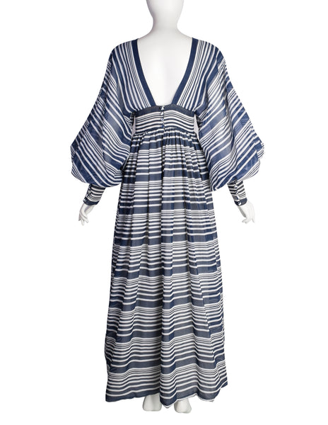 Geoffrey Beene Vintage Early 1970s Blue White Striped Flower Bishop Sleeve Gown