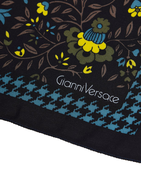 Gianni Versace Vintage Houndstooth Floral Silk Pocket Square Scarf