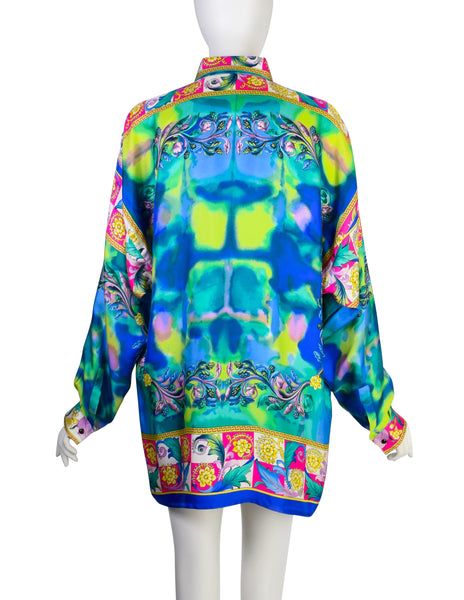 Gianni Versace Vintage SS 1994 Men's Baroque Tropical Floral Medusa Watercolor Print Button Up Shirt