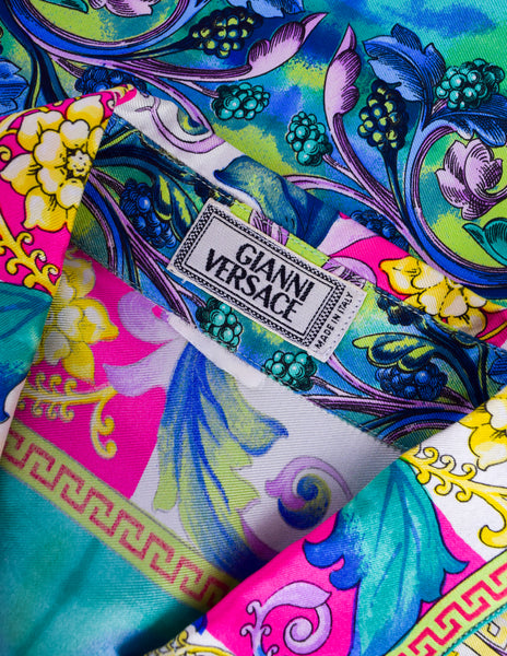 Gianni Versace Vintage SS 1994 Men's Baroque Tropical Floral Medusa Watercolor Print Button Up Shirt
