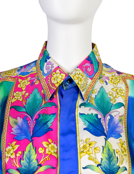 Gianni Versace Vintage SS 1994 Men's Baroque Tropical Floral Medusa Watercolor Print Button Up Shirt