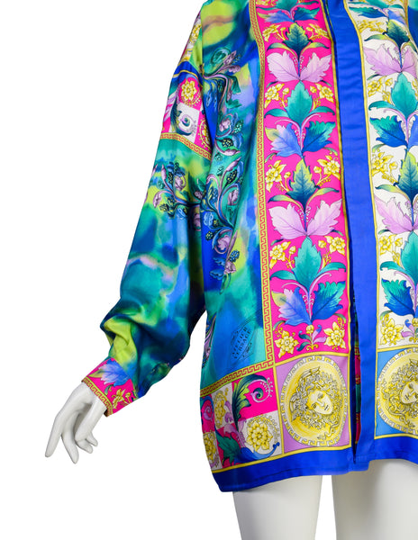 Gianni Versace Vintage SS 1994 Men's Baroque Tropical Floral Medusa Watercolor Print Button Up Shirt