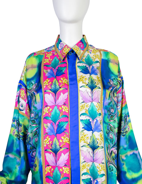Gianni Versace Vintage SS 1994 Men's Baroque Tropical Floral Medusa Watercolor Print Button Up Shirt