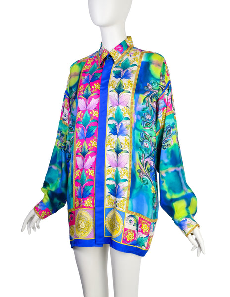 Gianni Versace Vintage SS 1994 Men's Baroque Tropical Floral Medusa Watercolor Print Button Up Shirt