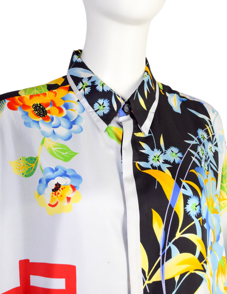 Gianni Versace Vintage 1990s Men's Japanese Inspired Tropical Print Silk Button Up Shirt