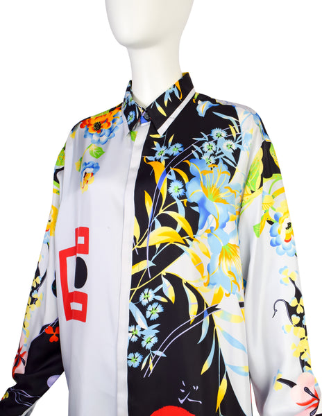 Gianni Versace Vintage 1990s Men's Japanese Inspired Tropical Print Silk Button Up Shirt