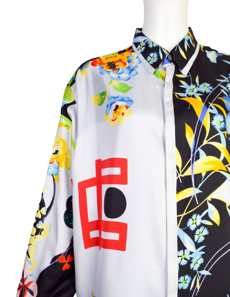 Gianni Versace Vintage 1990s Men's Japanese Inspired Tropical Print Silk Button Up Shirt
