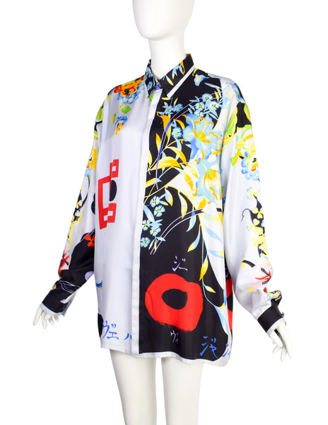 Gianni Versace Vintage 1990s Men's Japanese Inspired Tropical Print Silk Button Up Shirt
