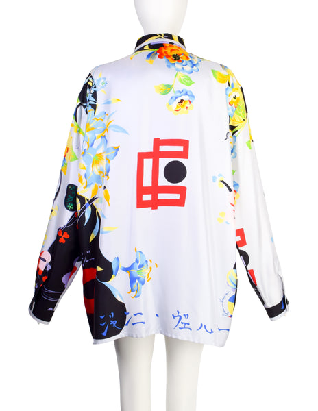 Gianni Versace Vintage 1990s Men's Japanese Inspired Tropical Print Silk Button Up Shirt
