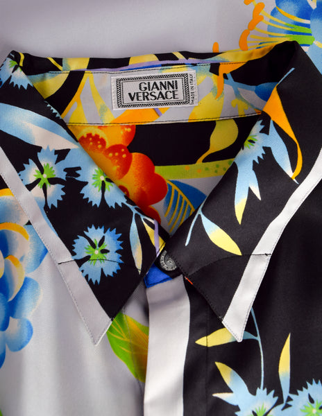 Gianni Versace Vintage 1990s Men's Japanese Inspired Tropical Print Silk Button Up Shirt