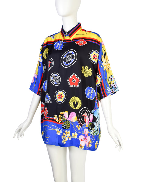 Gianni Versace Vintage SS 1998 Men's Japanese Inspired Tropical Print Silk Button Up Shirt