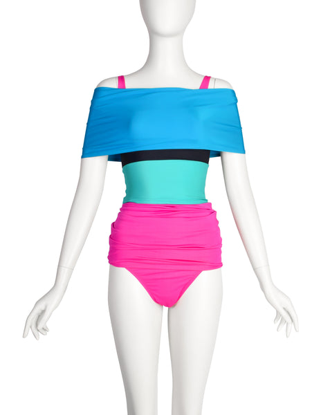 Giorgio di Sant'Angelo Vintage 1980s Colorblock Vivid Neon Extreme Ruched Swimsuit Set