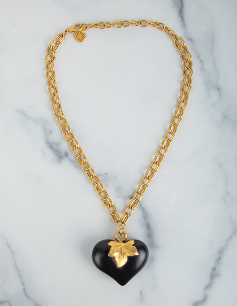 Givenchy Vintage Golden Leaf and Black Heart Necklace