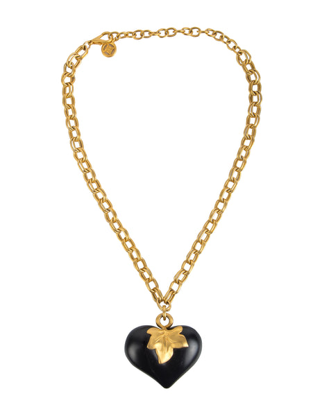 Givenchy Vintage Golden Leaf and Black Heart Necklace