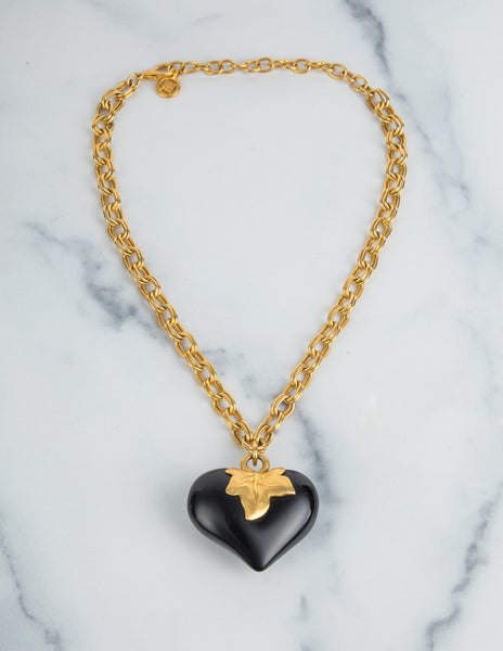 Givenchy Vintage Golden Leaf and Black Heart Necklace