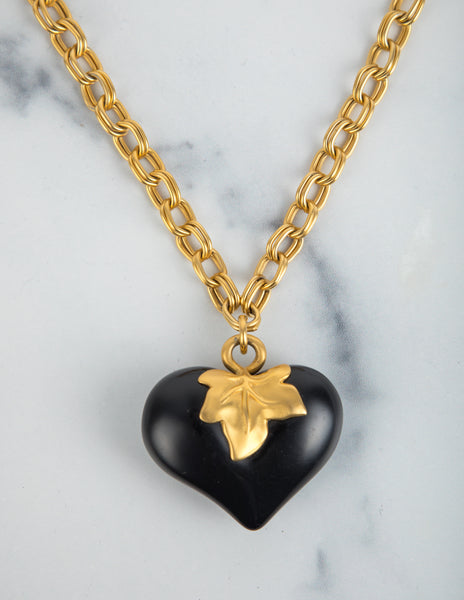 Givenchy Vintage Golden Leaf and Black Heart Necklace