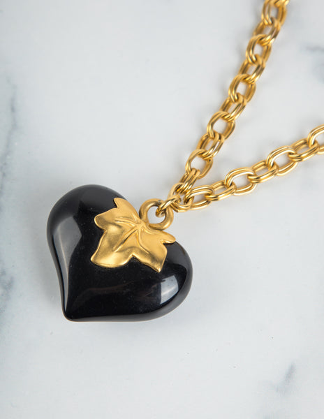 Givenchy Vintage Golden Leaf and Black Heart Necklace
