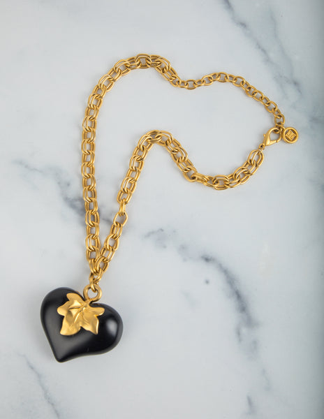 Givenchy Vintage Golden Leaf and Black Heart Necklace