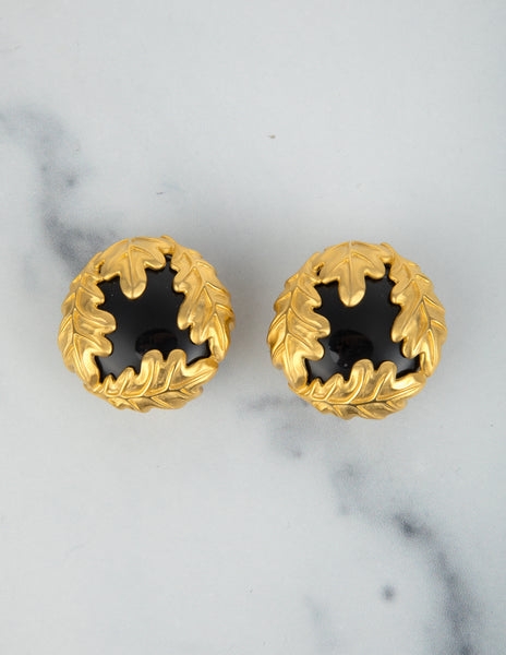 Givenchy Vintage Massive Black and Golden Satin Leaf Earrings