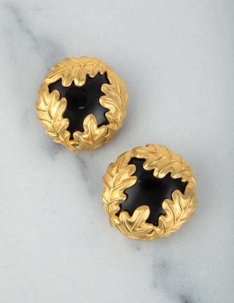 Givenchy Vintage Massive Black and Golden Satin Leaf Earrings