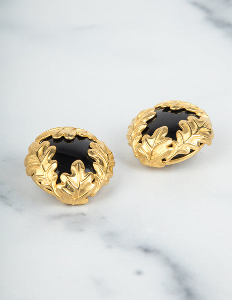 Givenchy Vintage Massive Black and Golden Satin Leaf Earrings