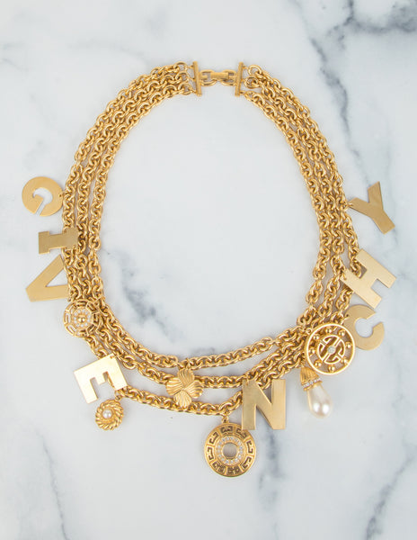 Givenchy Vintage Rare Gold Namesake Letter Charm Multi Chain Statement Necklace