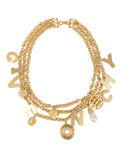 Givenchy Vintage Rare Gold Namesake Letter Charm Multi Chain Statement Necklace