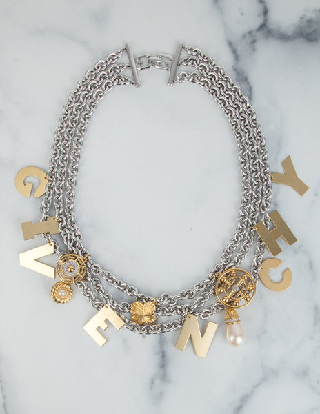 Givenchy Vintage Rare Silver and Gold Namesake Letter Charm Multi Chain Statement Necklace