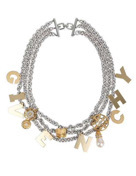 Givenchy Vintage Rare Silver and Gold Namesake Letter Charm Multi Chain Statement Necklace