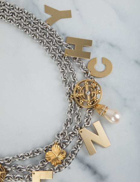 Givenchy Vintage Rare Silver and Gold Namesake Letter Charm Multi Chain Statement Necklace