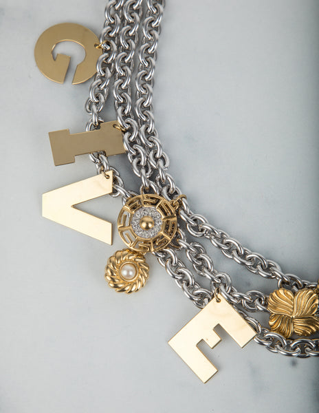 Givenchy Vintage Rare Silver and Gold Namesake Letter Charm Multi Chain Statement Necklace